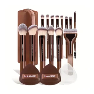 MAANGE 14pcs Brushes + 2pcs Air Cushion Puffs with Makeup Bag Set - Coffee