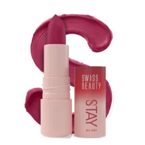 Achieve a bold, long-lasting pout with the Swiss Beauty All Day Lipstick in the vibrant shade 06 Flirty. Designed for comfortable, smudge-proof wear. Made in India.